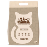 Bag of Ramlah cat litter with a cat illustration on a beige background