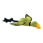 Green duck-shaped toy with a black rope on a white background