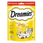 Dreamies cat treat package with a cartoon cat and cheese illustration on a yellow background