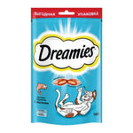 Dreamies cat treat package with a cat illustration on a blue background