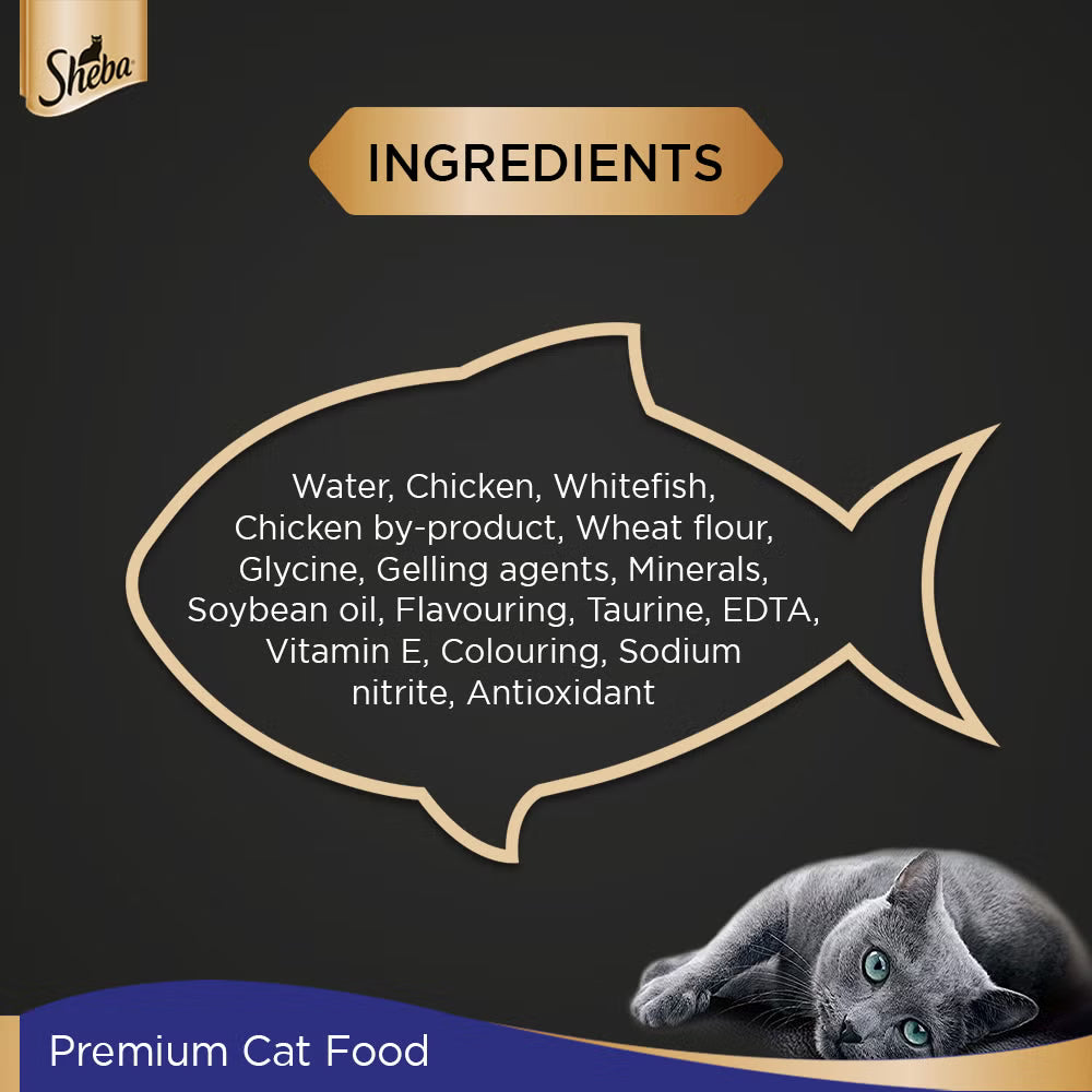 Sheba cat food ingredients list with a gray cat on a dark background