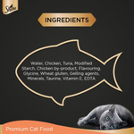 Sheba cat food ingredients list with a fish outline and cat on a dark background
