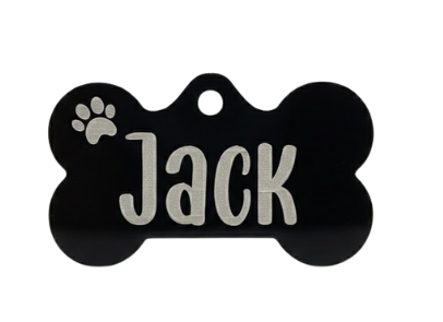Black bone-shaped pet tag with 'Jack' engraved on a white background