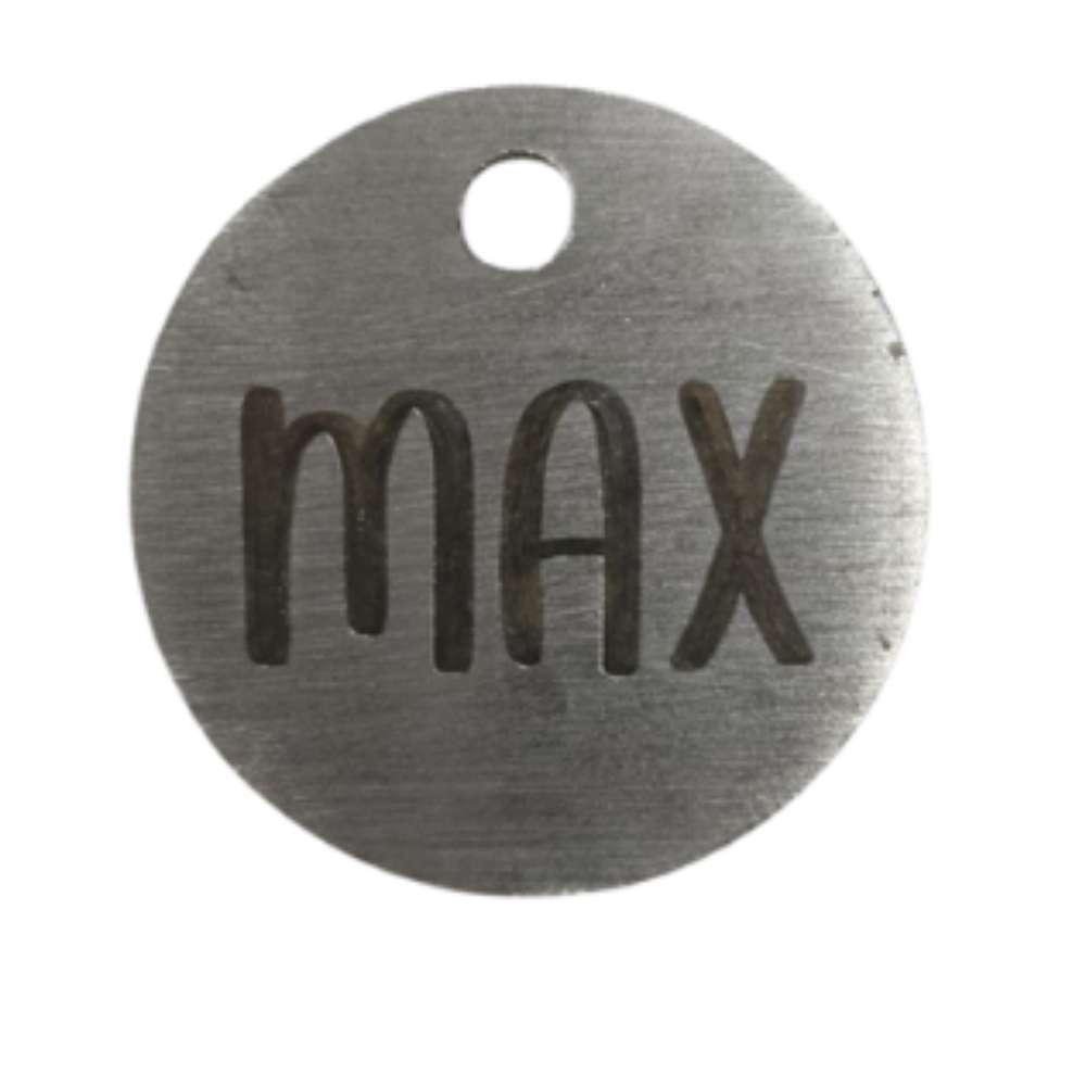 Metal dog tag with 'max' engraved on a white background