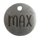 Metal dog tag with 'max' engraved on a white background