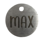 Metal dog tag with 'max' engraved on a white background