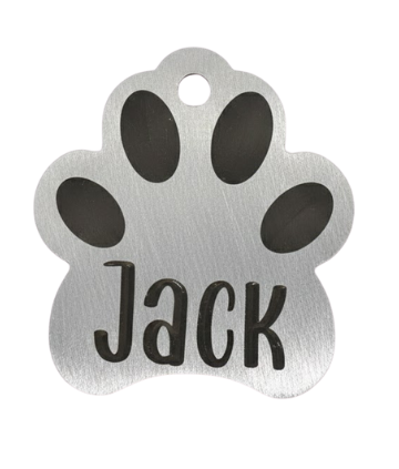 Silver paw-shaped pet tag with 'Jack' engraved on a white background