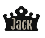 Black crown-shaped tag with 'Jack' text on a white background