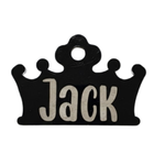 Black crown-shaped tag with 'Jack' text on a white background