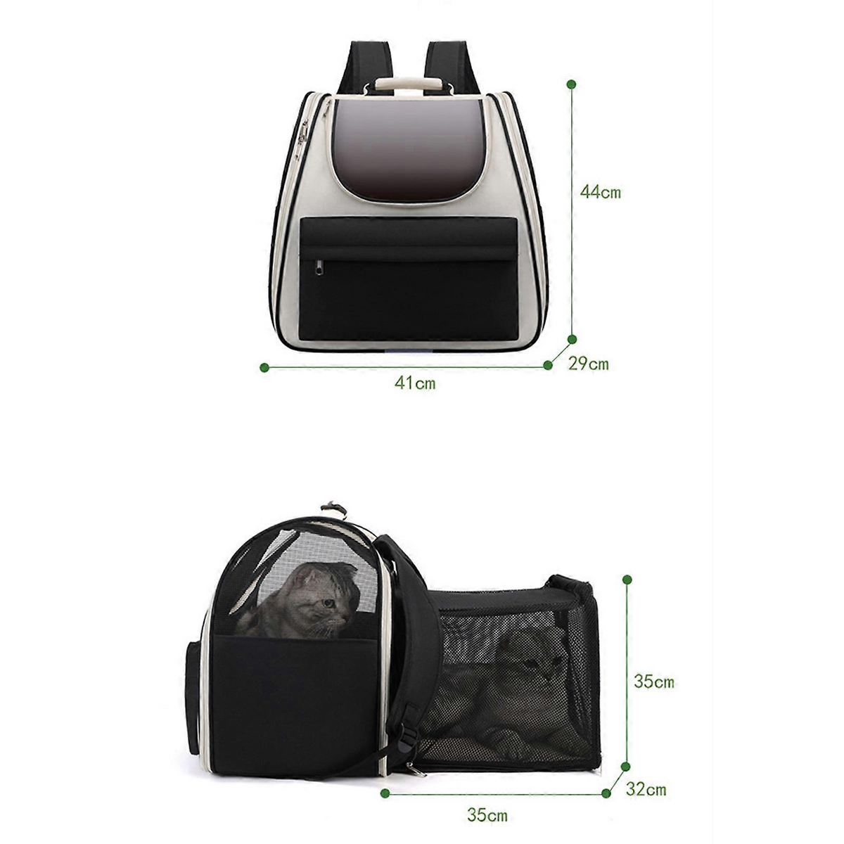 Pet carrier backpack with dimensions on a white background