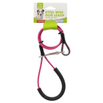Pink dog leash with black handles and clip on a white background, featuring a Ruffwear brand tag.