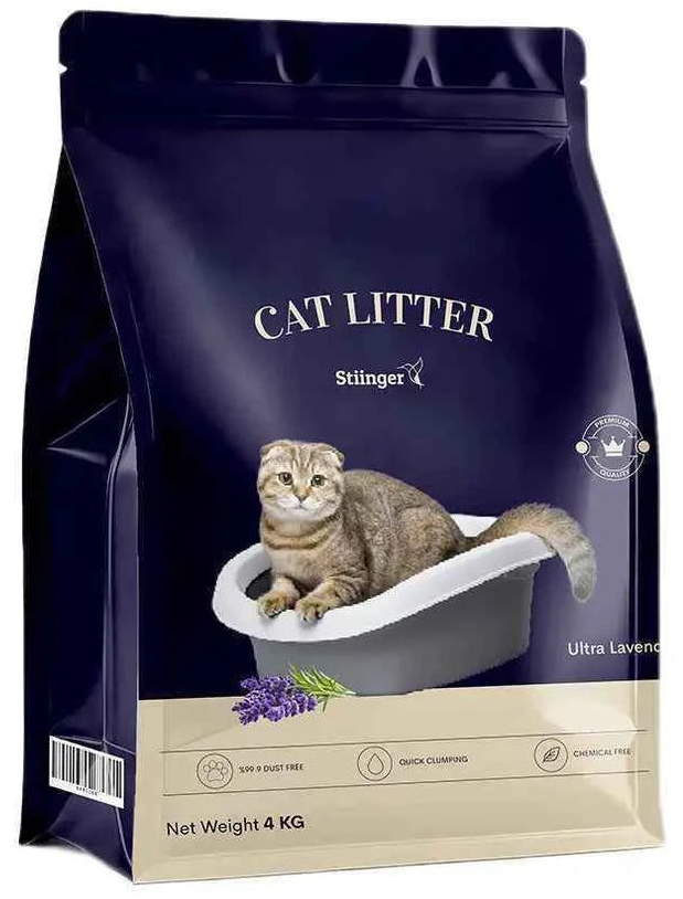 Cat litter package with a cat on the lid against a dark blue background