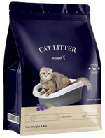 Cat litter package with a cat on the lid against a dark blue background