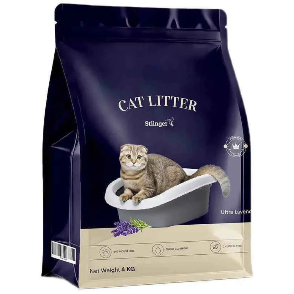 Cat litter package with a cat on the lid against a dark blue background