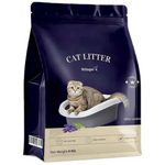 Cat litter package with a cat on the lid against a dark blue background