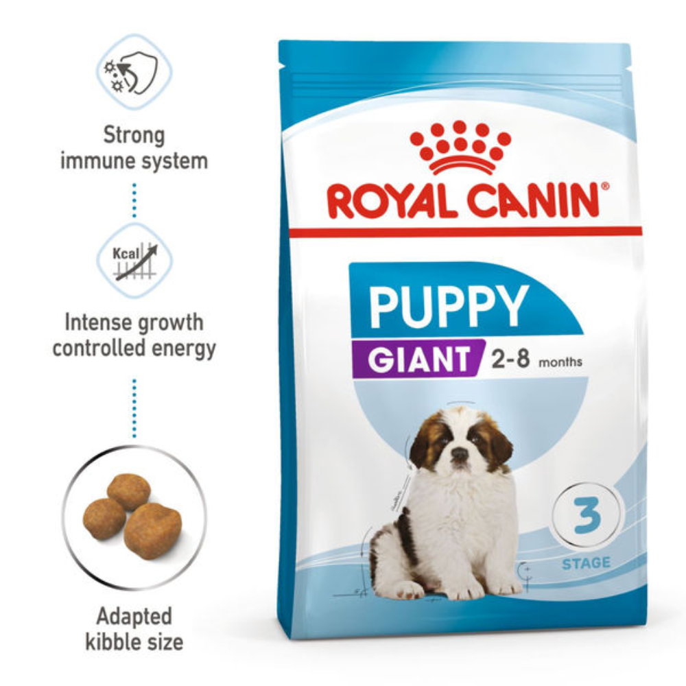 Royal Canin Giant Puppy food package with key benefits highlighted on a white background