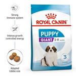 Royal Canin Giant Puppy food package with key benefits highlighted on a white background