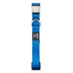 Blue dog collar with a brand logo on a white background
