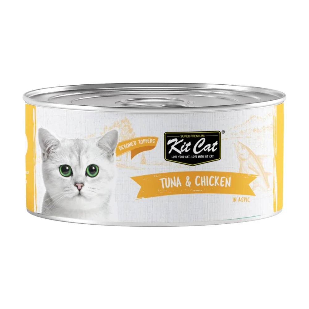Can of Kit Cat tuna and chicken cat food on a white background
