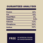 Nutritional analysis chart with guaranteed analysis details on a beige background