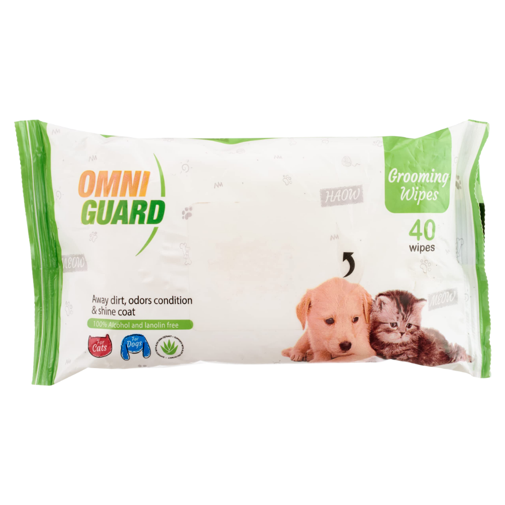 Pack of Omni Guard grooming wipes with a dog and cat on the packaging.