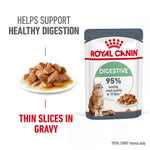 Royal Canin digestive care cat food pouch with text highlighting benefits on a white background