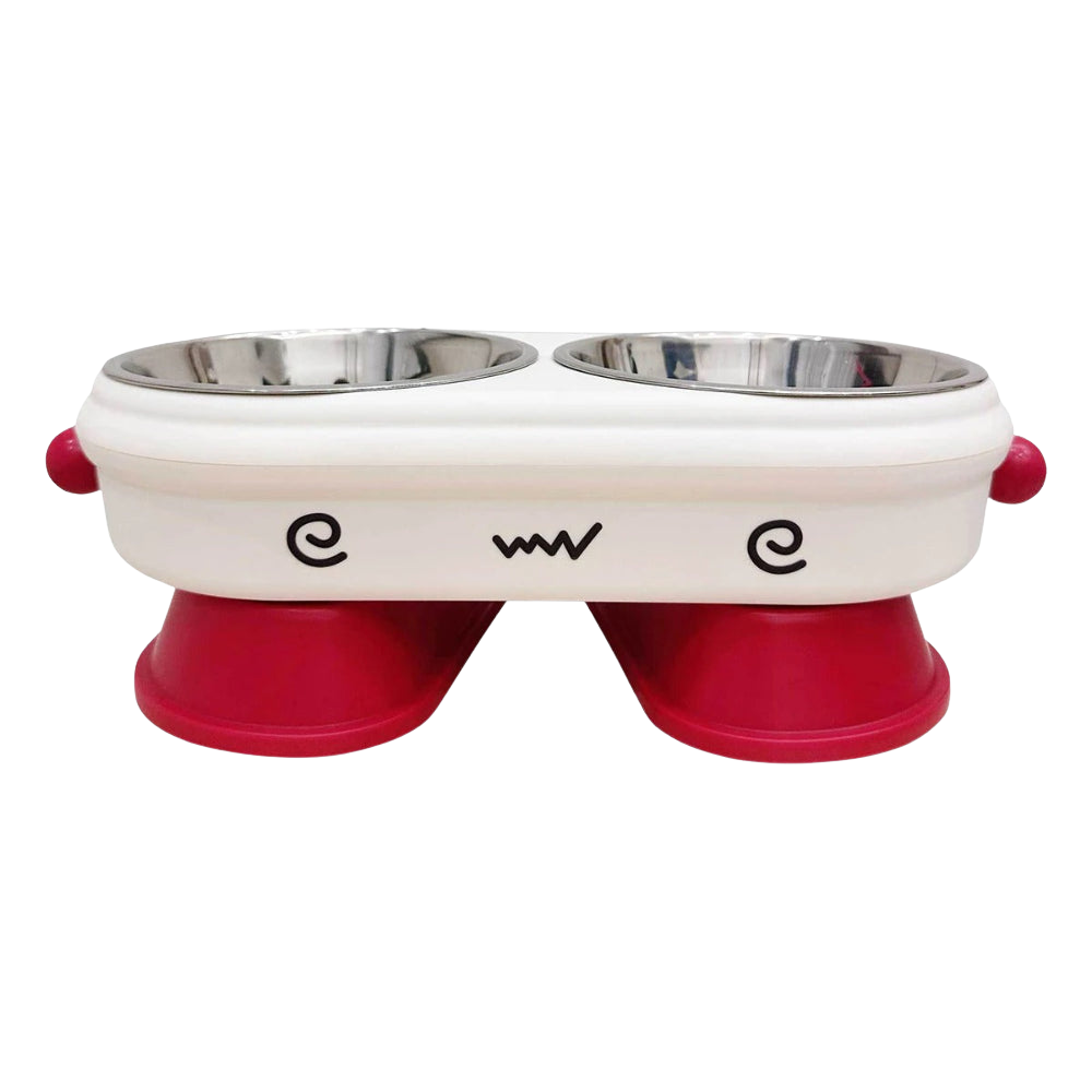 Pet bowl with red silicone feet and white base on a white background