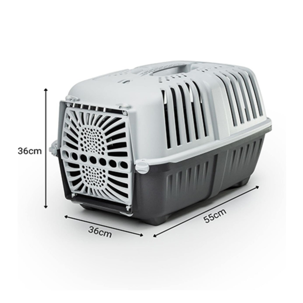 Pet carrier with dimensions labeled on a white background