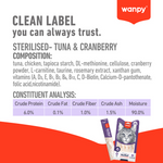 Wanpy sterilized tuna & cranberry cat food label with ingredient list and constituent analysis.