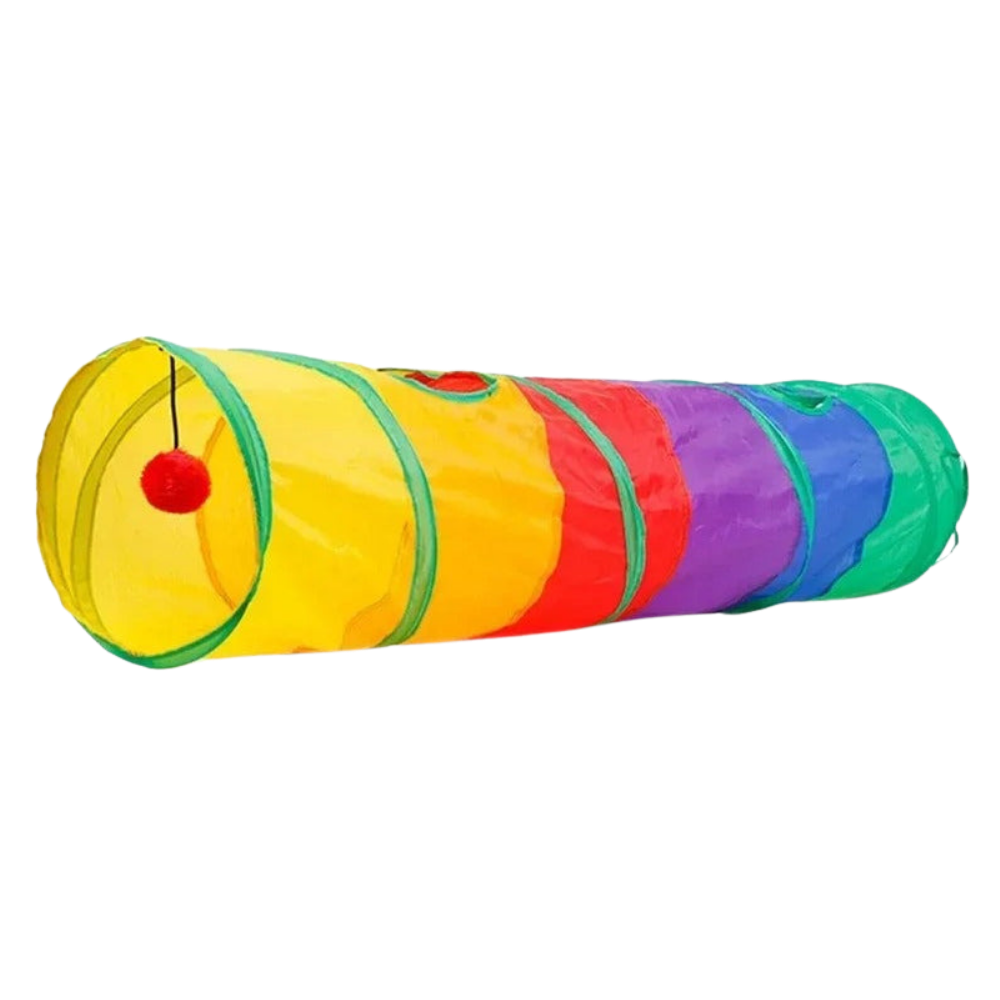 Colorful toy tunnel with a red ball on a white background