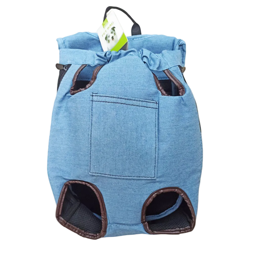 Blue pet carrier with brown accents on a white background