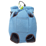 Blue pet carrier with brown accents on a white background