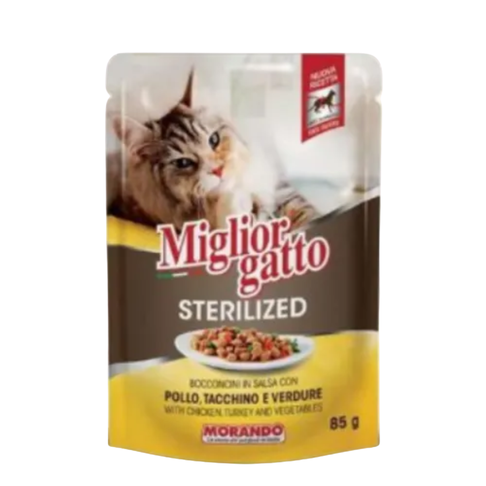 Cat food pouch with 'Miglior Gatto' branding on a white background
