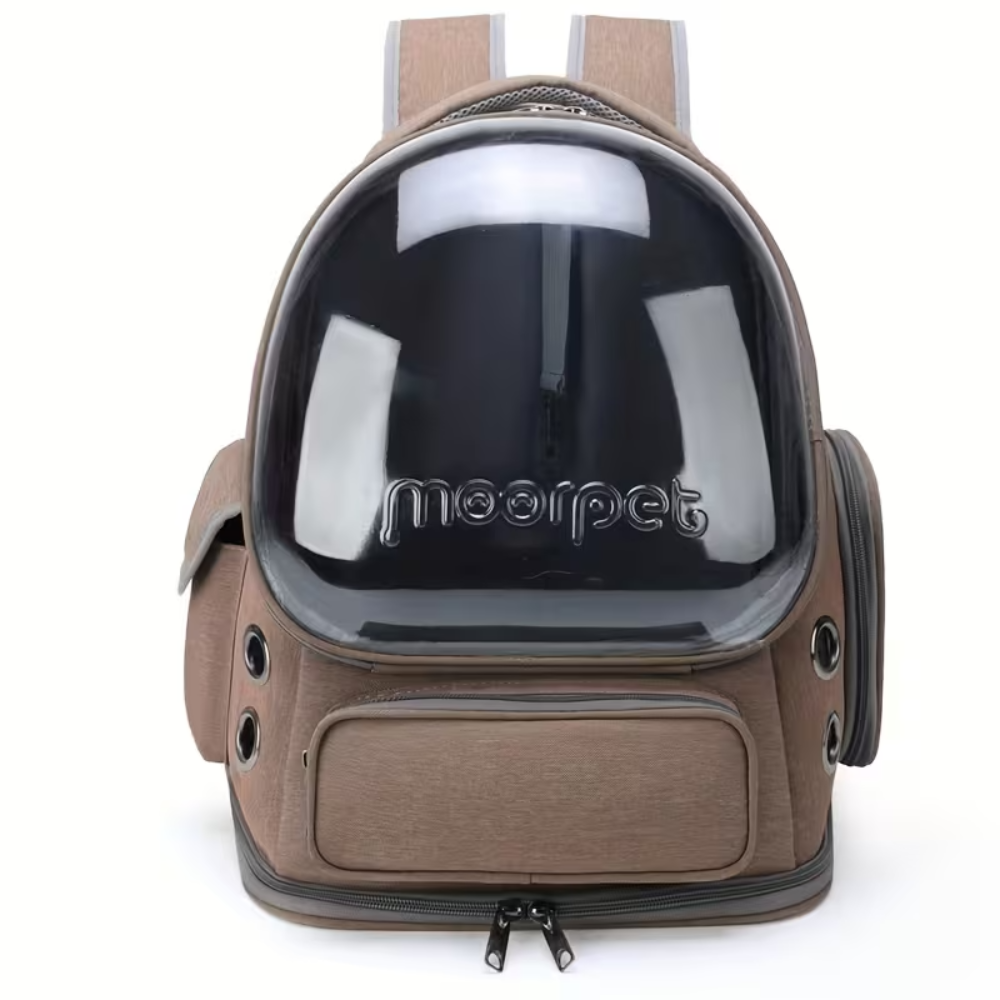 Pet carrier with a transparent helmet on a white background, branded 'moorpet'.