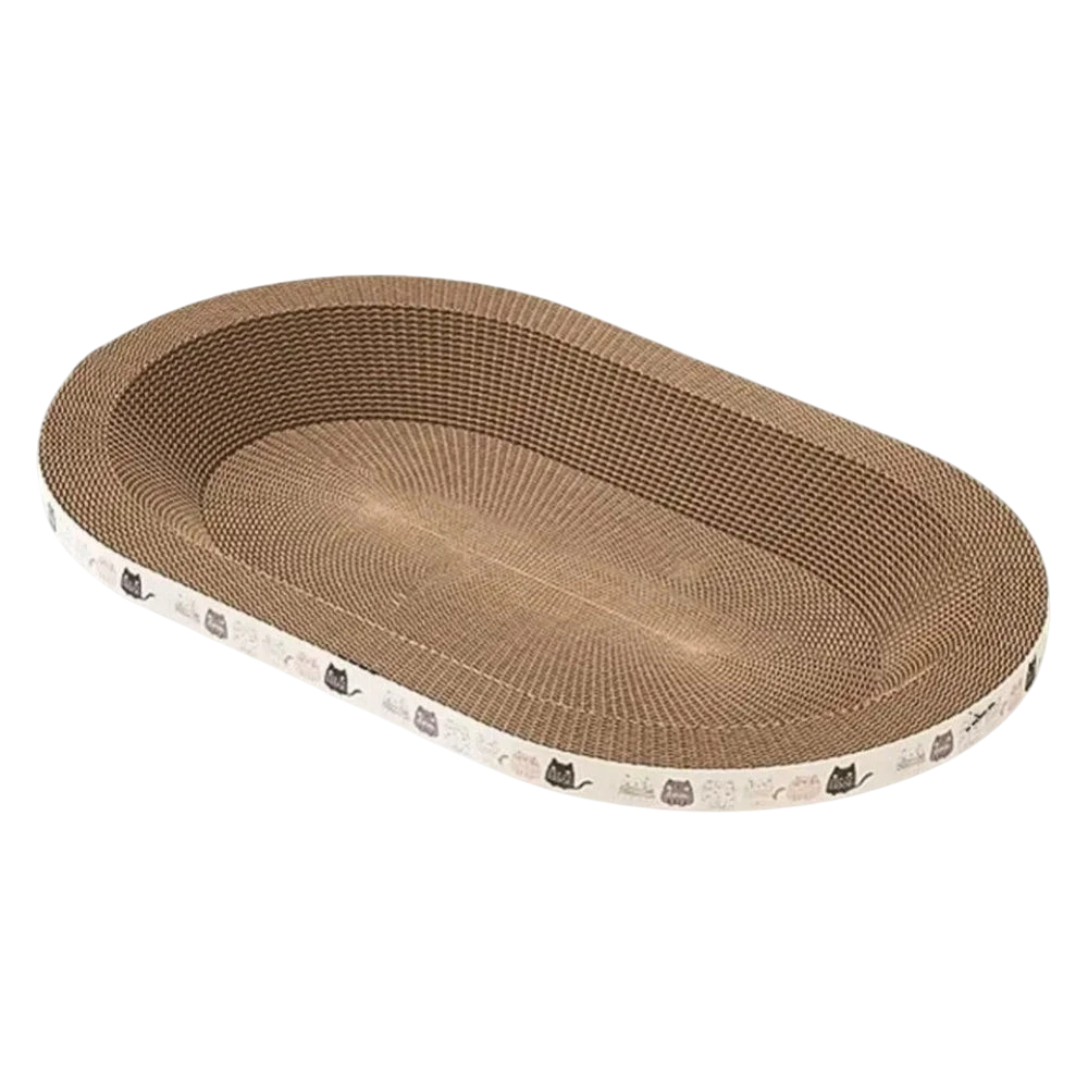 Oval-shaped cat scratcher with corrugated design on a white background