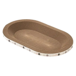 Oval-shaped cat scratcher with corrugated design on a white background