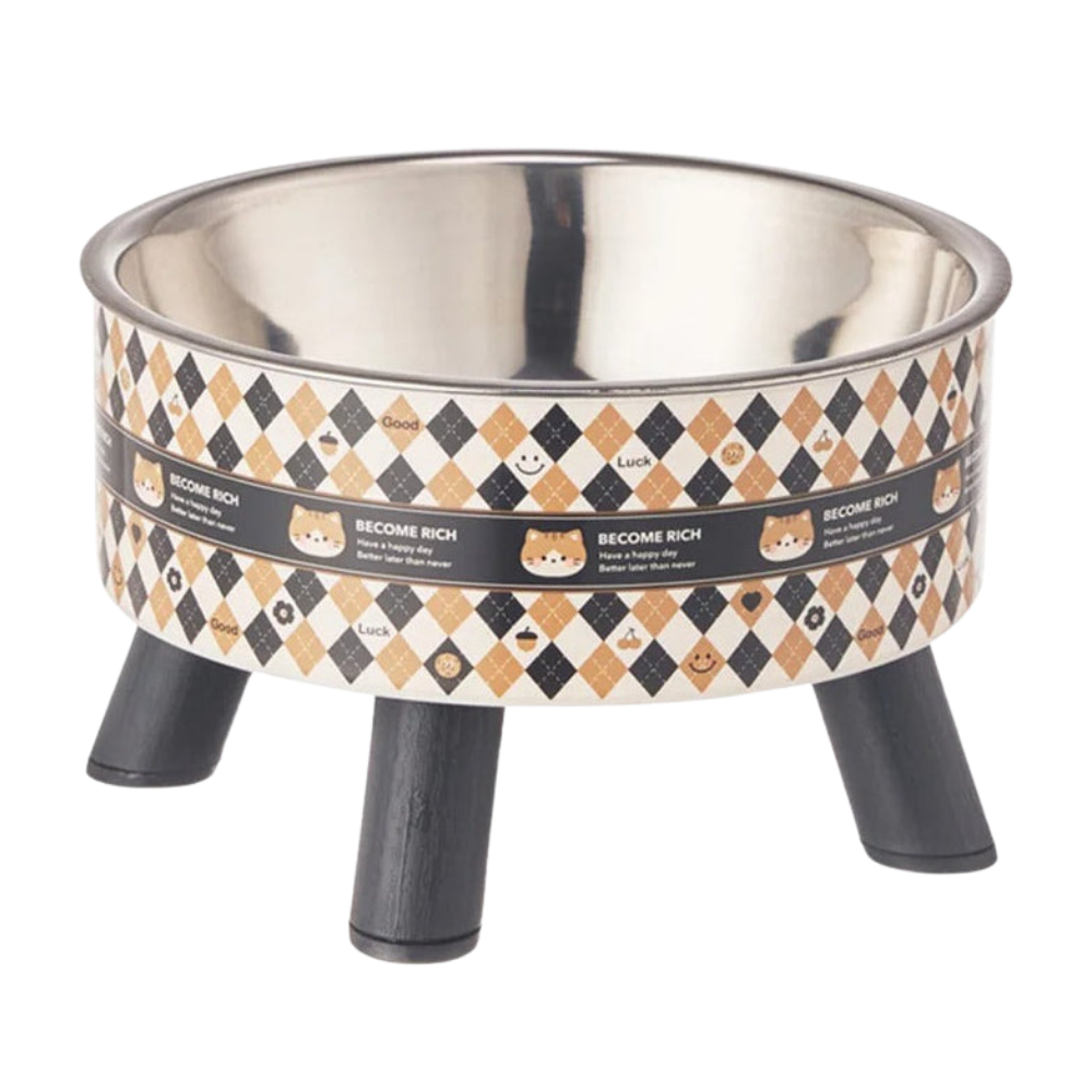 Pet bowl with decorative pattern and black legs on a white background
