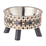 Pet bowl with decorative pattern and black legs on a white background