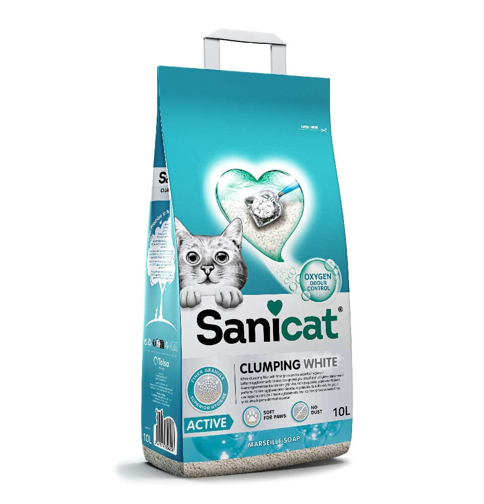 Sanicat Active White Clumping Cat Litter Marseille Soap Scent 10 L.