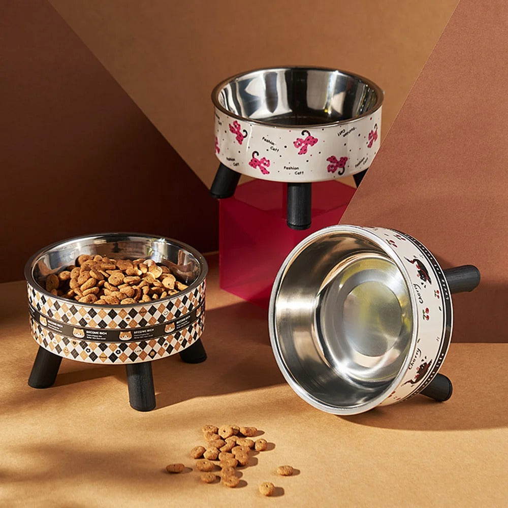 Set of decorative pet bowls with patterned bases on a brown background