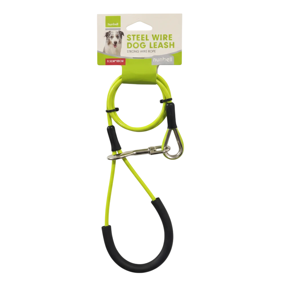 Yellow and black dog leash with a carabiner on a white background