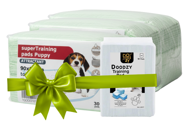 Pack of dog training pads with a green bow on a white background