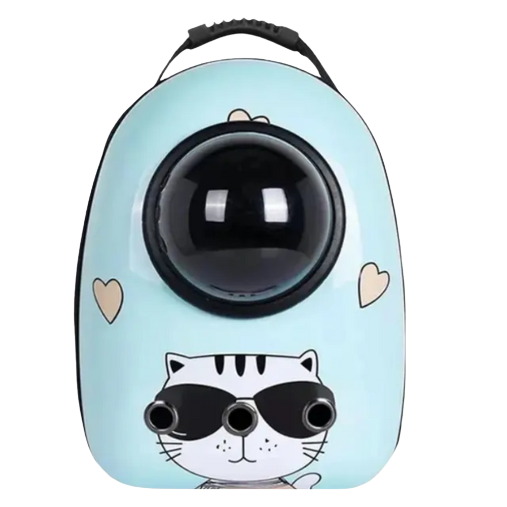 Pet carrier with a cat design and heart shapes on a light blue background