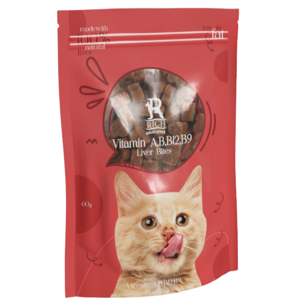 Red package of cat treats with a cat's face on a white background