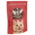Red package of cat treats with a cat's face on a white background