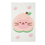 Peach-shaped cat plush toy with paw prints on a white background