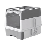Pet litter box with transparent front panel on a white background