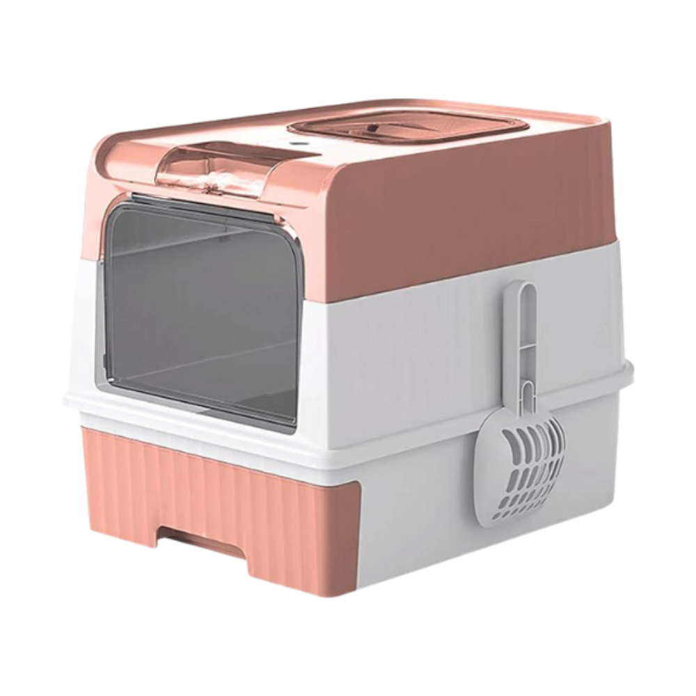 Pet litter box with pink top and base on a white background