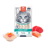 Cat treat package with a cat's face on it, next to a bowl of treat and slices of salmon.