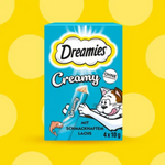 Dreamies Creamy cat treat packaging on a yellow background